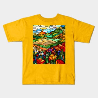 Stained Glass Colorful Mountain Flowers Kids T-Shirt